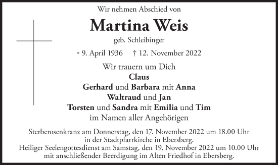 Todesanzeige von Martina Weis von merkurtz