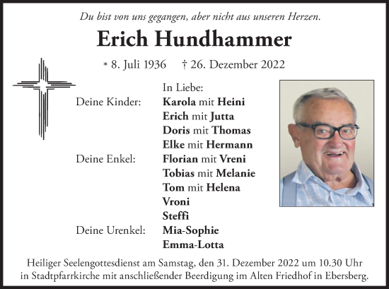 Todesanzeige von Erich Hundhammer von merkurtz