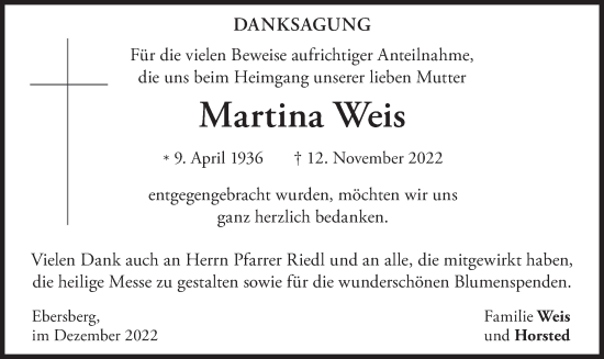 Todesanzeige von Martina Weis von merkurtz