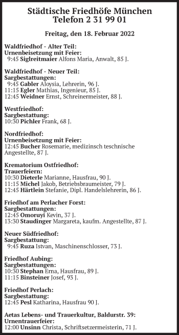 Todesanzeige von Bestattungen vom 18.02.2022 von merkurtz