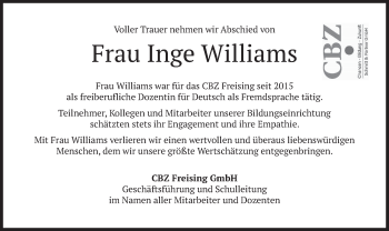 Todesanzeige von Inge Williams von merkurtz