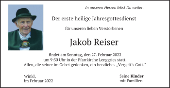 Todesanzeige von Jakob Reiser von merkurtz