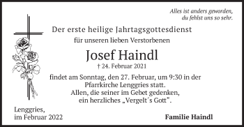 Todesanzeige von Josef Haindl von merkurtz