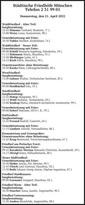 Todesanzeige von Bestattungen vom 21.04.2022 von merkurtz