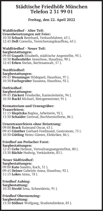 Todesanzeige von Bestattungen vom 22.04.2022 von merkurtz