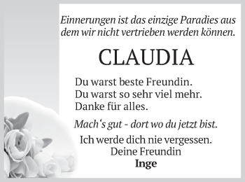 Todesanzeige von Claudia  von merkurtz