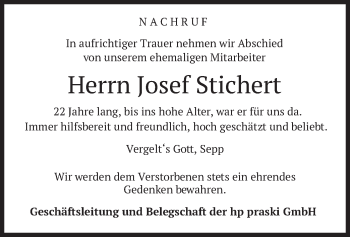 Todesanzeige von Josef Stichert von merkurtz