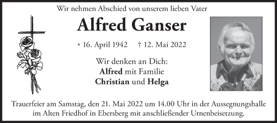 Todesanzeige von Alfred Ganser von merkurtz