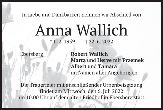 Todesanzeige von Anna Wallich von merkurtz