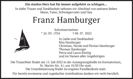 Todesanzeige von Franz Hamburger von merkurtz