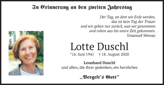 Todesanzeige von Lotte Duschl von merkurtz