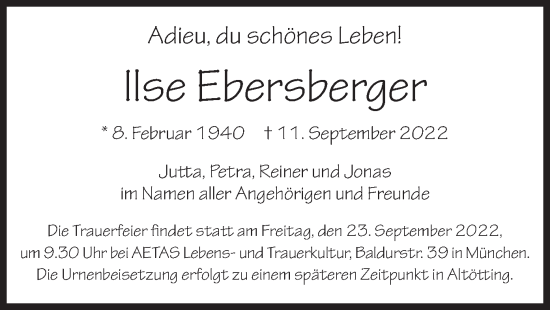 Todesanzeige von Ilse Ebersberger von merkurtz