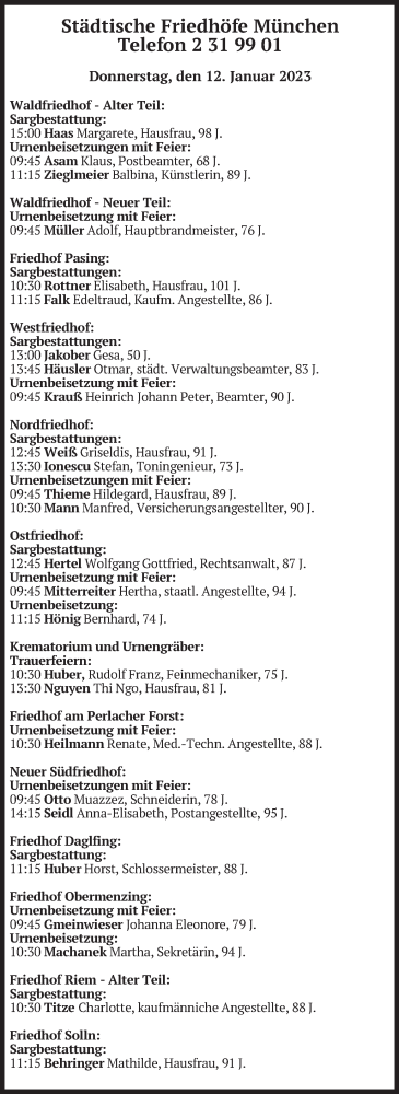 Todesanzeige von Bestattungen vom 12.01.2023 von merkurtz