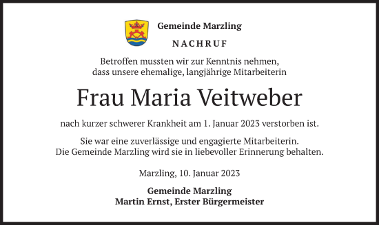 Todesanzeige von Maria Veitweber von merkurtz