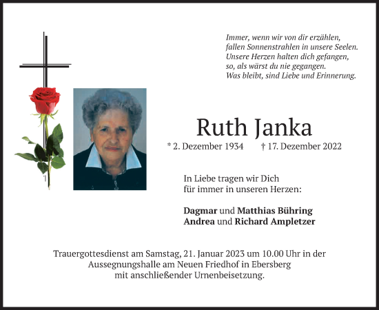 Todesanzeige von Ruth Janka von merkurtz