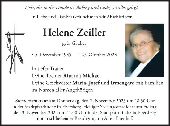 Todesanzeige von Helene Zeiller von merkurtz