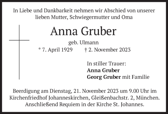 Todesanzeige von Anna Gruber von merkurtz