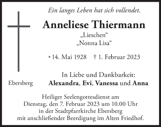 Todesanzeige von Anneliese Thiermann von merkurtz