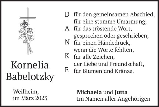 Todesanzeige von Kornelia Babelotzky von merkurtz