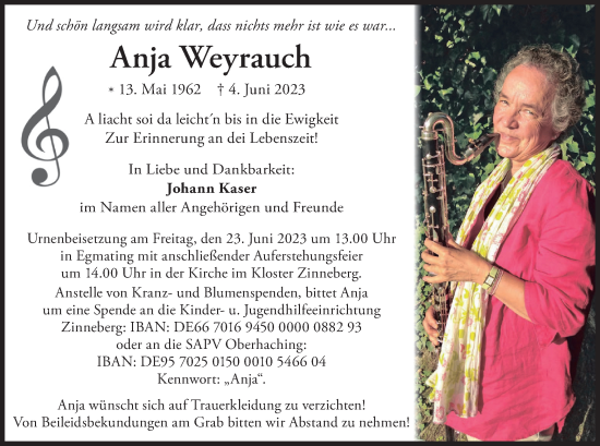 Todesanzeige von Anja Weyrauch von merkurtz