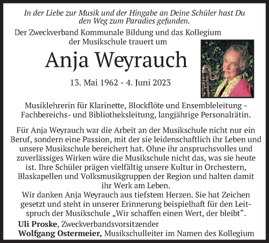 Todesanzeige von Anja Weyrauch von merkurtz