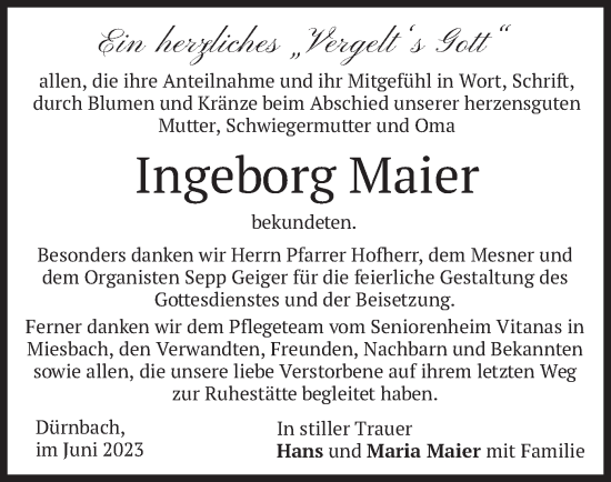 Todesanzeige von Ingeborg Maier von merkurtz