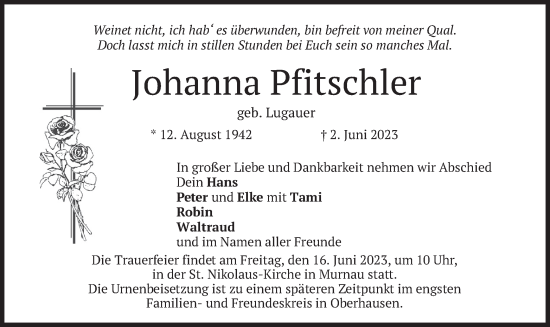 Todesanzeige von Johanna Pfitschler von merkurtz