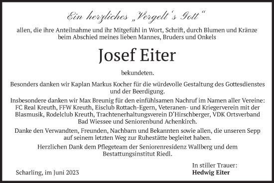 Todesanzeige von Josef Eiter von merkurtz