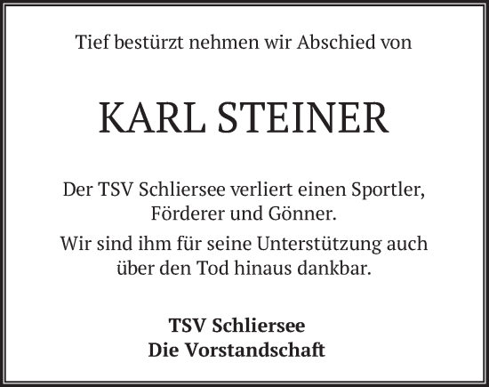 Todesanzeige von Karl Steiner von merkurtz