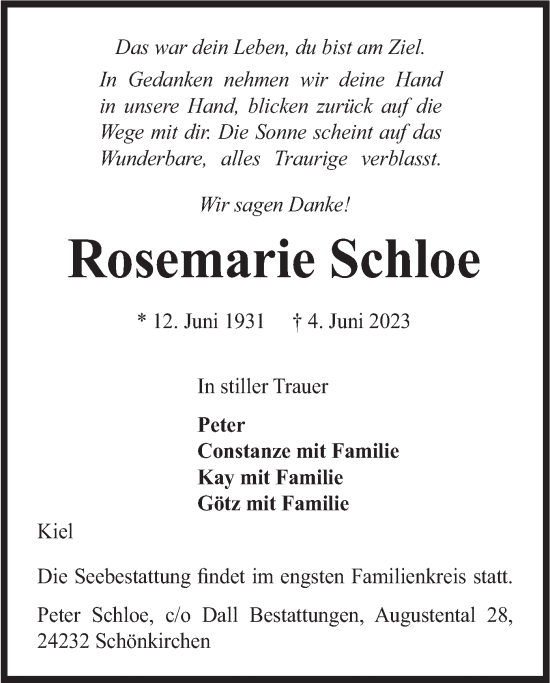 Todesanzeige von Rosemarie Schloe von merkurtz