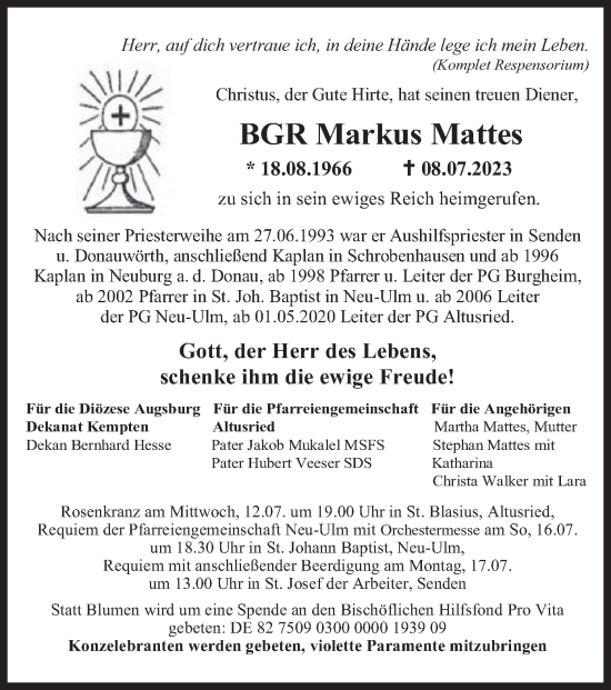 Todesanzeige von Markus Mattes von merkurtz