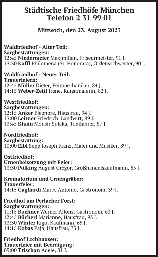 Todesanzeige von Bestattungen vom 23.08.2023 von merkurtz