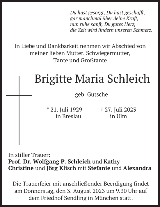 Todesanzeige von Brigitte Maria Schleich von merkurtz