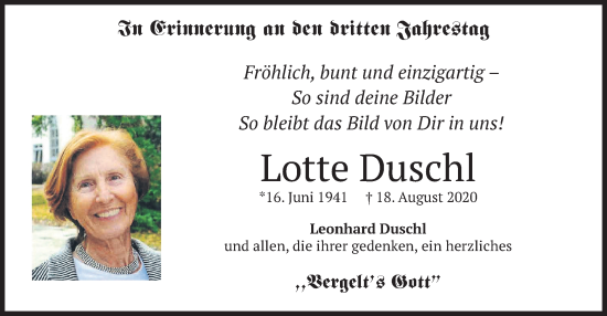 Todesanzeige von Lotte Duschl von merkurtz