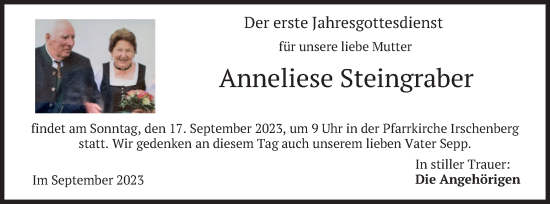 Todesanzeige von Anneliese Steingraber von merkurtz