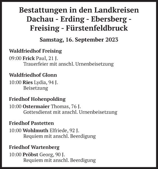 Todesanzeige von Bestattungen vom 16.09.2023 von merkurtz