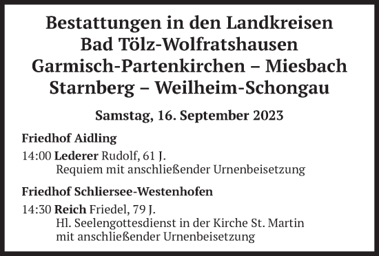 Todesanzeige von Bestattungen vom 16.09.2023 von merkurtz