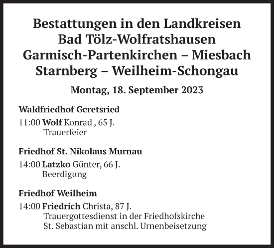 Todesanzeige von Bestattungen vom 18.09.2023 von merkurtz