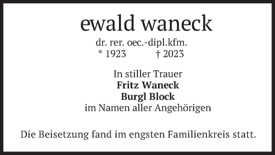 Todesanzeige von Ewald Waneck von merkurtz