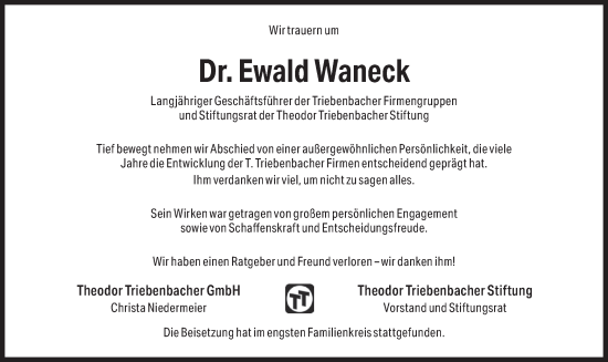 Todesanzeige von Ewald Waneck von merkurtz