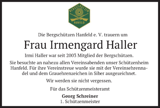 Todesanzeige von Irmengard Haller von merkurtz