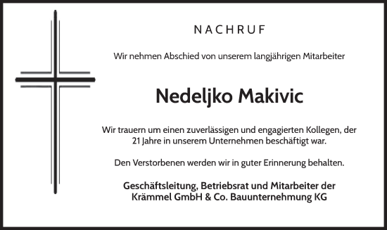 Todesanzeige von Nedeljko Makivic von merkurtz