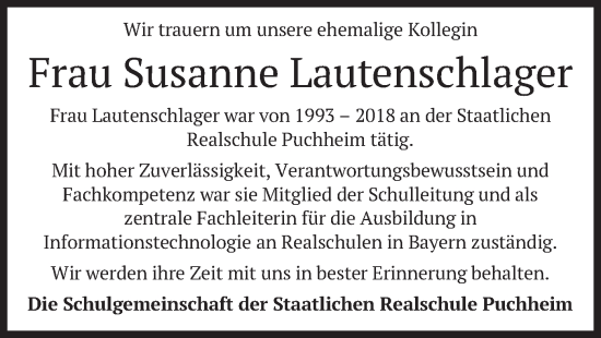 Todesanzeige von Susanne Lautenschlager von merkurtz