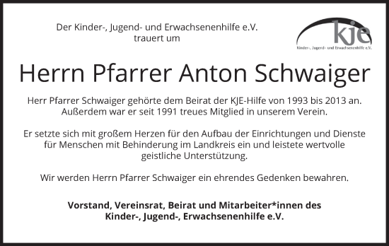 Todesanzeige von Anton Schwaiger von merkurtz