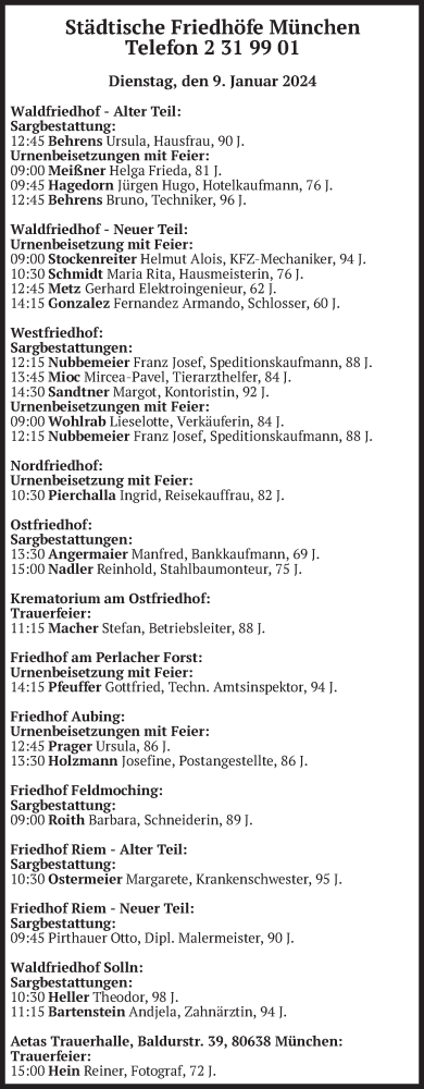 Todesanzeige von Bestattungen vom 09.01.2024 von merkurtz