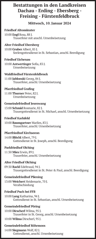 Todesanzeige von Bestattungen vom 10.01.2024 von merkurtz