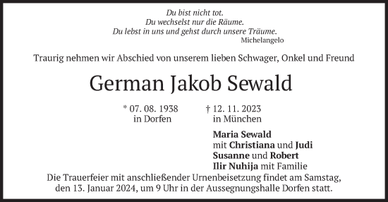 Todesanzeige von German Jakob Sewald von merkurtz