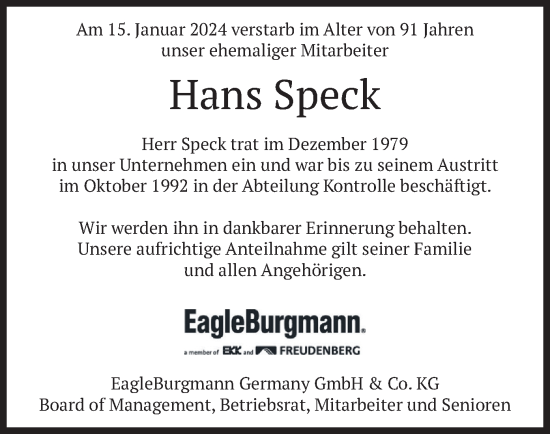 Todesanzeige von Hans Speck von merkurtz