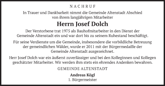 Todesanzeige von Josef Dolch von merkurtz