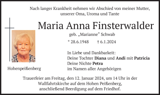 Todesanzeige von Maria Anna Finsterwalder von merkurtz